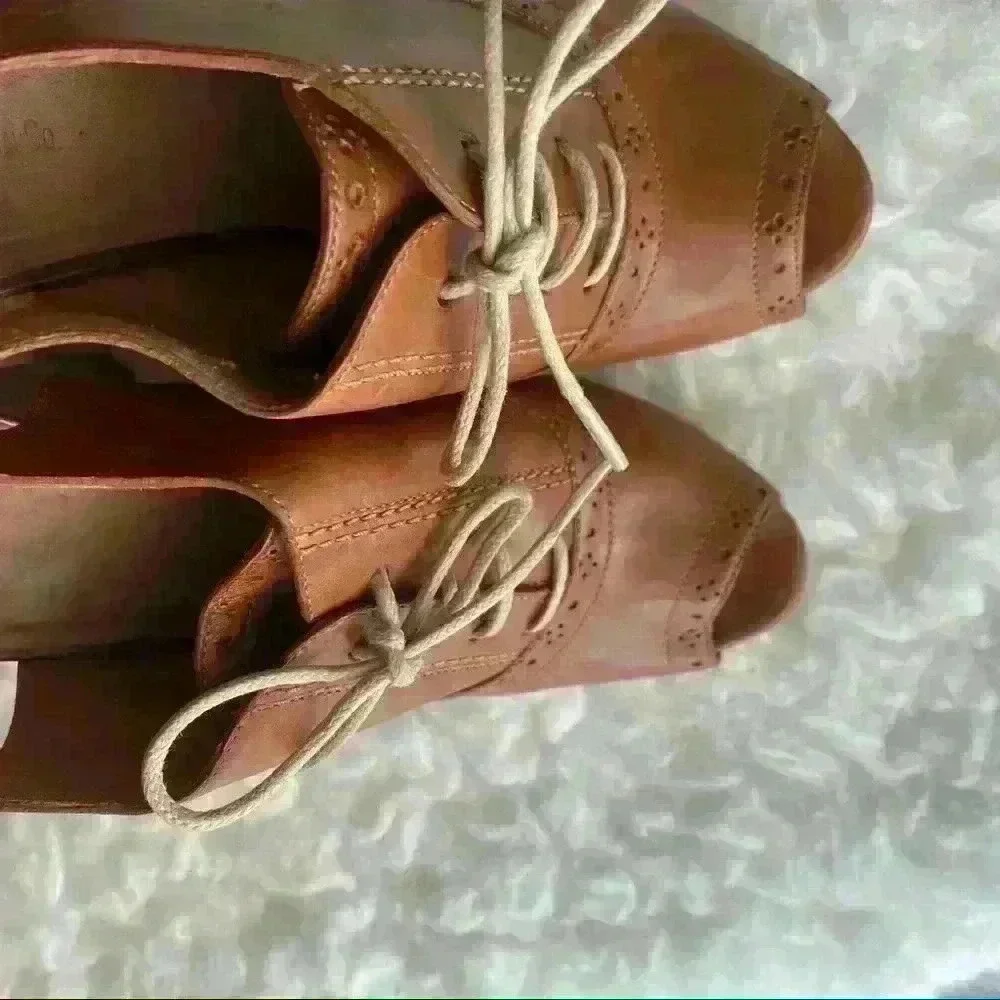 COLE ROOD & HAAN co. brown LEATHER LACE UP GLADIATOR PEEP TOE WEDGE SANDALS